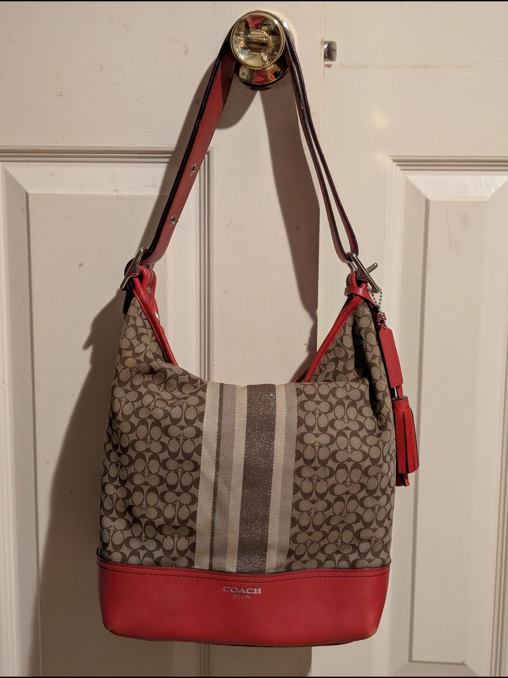 Coach Signature Stripe Hobo Bag in Tan and Red